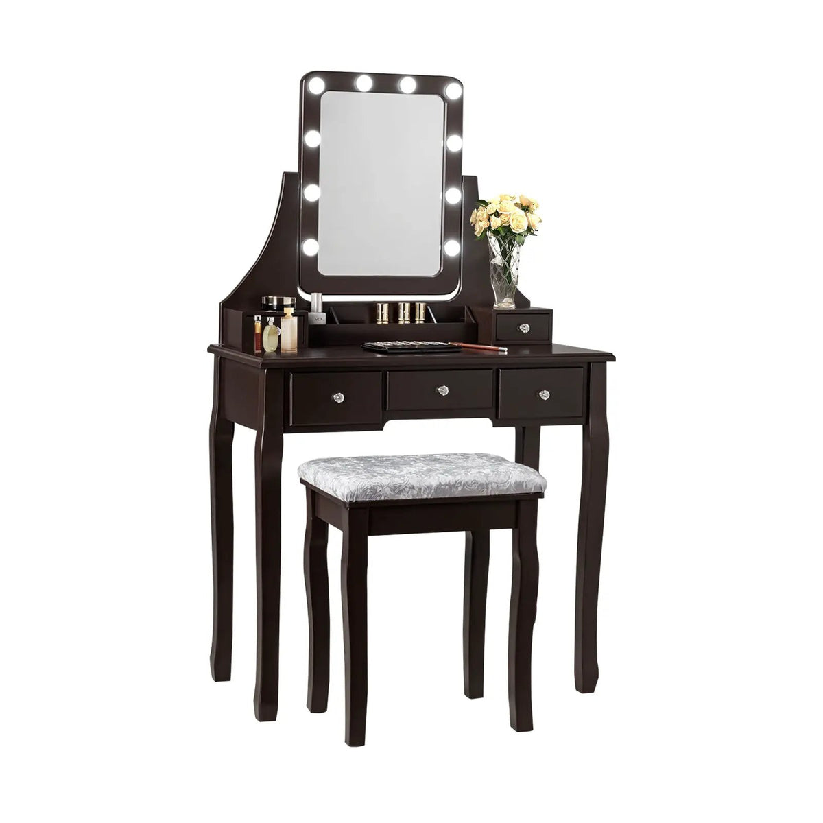 Vanity Dressing Table Set with 10 Dimmable Bulbs and Cushioned Stool by DirectDeals