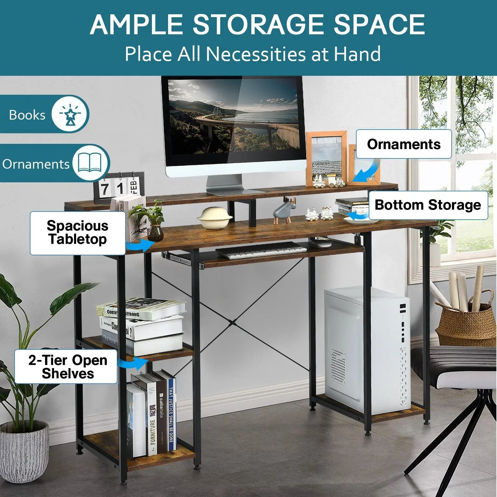 47 Inches Computer Desk Writing Study Table with Keyboard Tray and Monitor Stand by DirectDeals