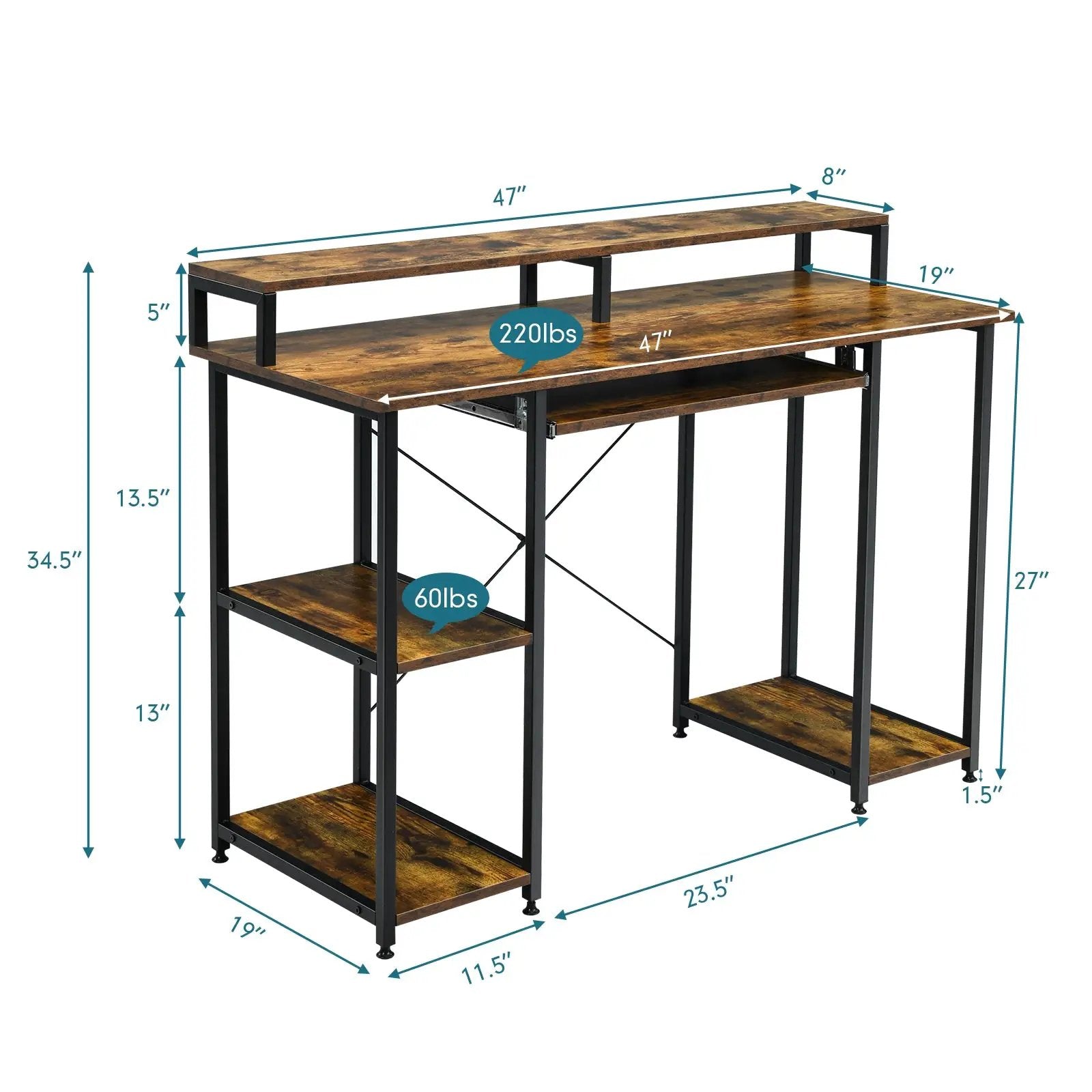 47 Inches Computer Desk Writing Study Table with Keyboard Tray and Monitor Stand by DirectDeals