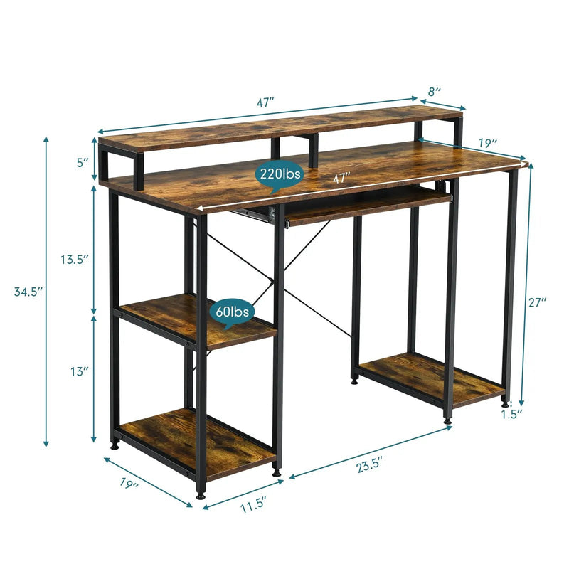 47 Inches Computer Desk Writing Study Table with Keyboard Tray and Monitor Stand by DirectDeals