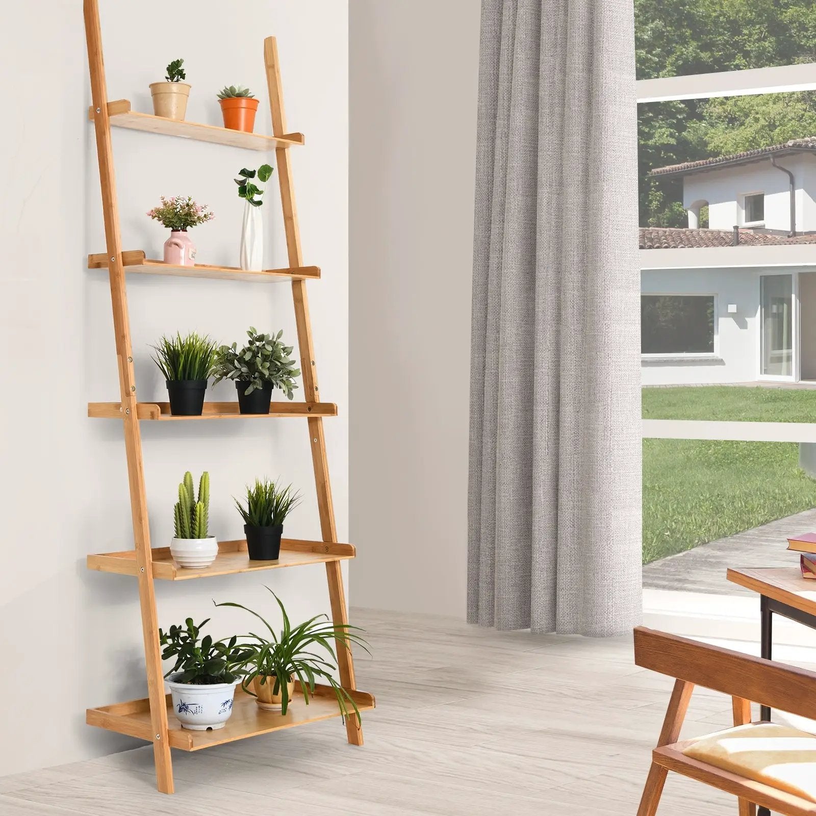 5-Tier Ladder Shelf Bamboo Bookshelf Wall-Leaning Storage Display Plant Stand-Natural by DirectDeals