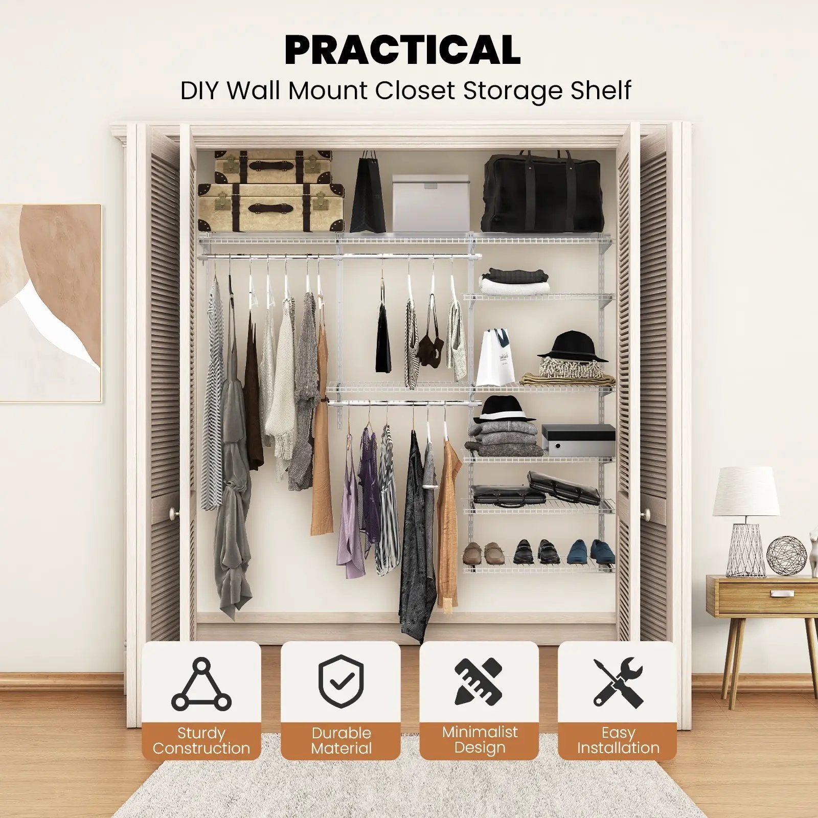 Adjustable Closet Organizer Kit with Shelves and Hanging Rods for 4 to 6 Feet by DirectDeals