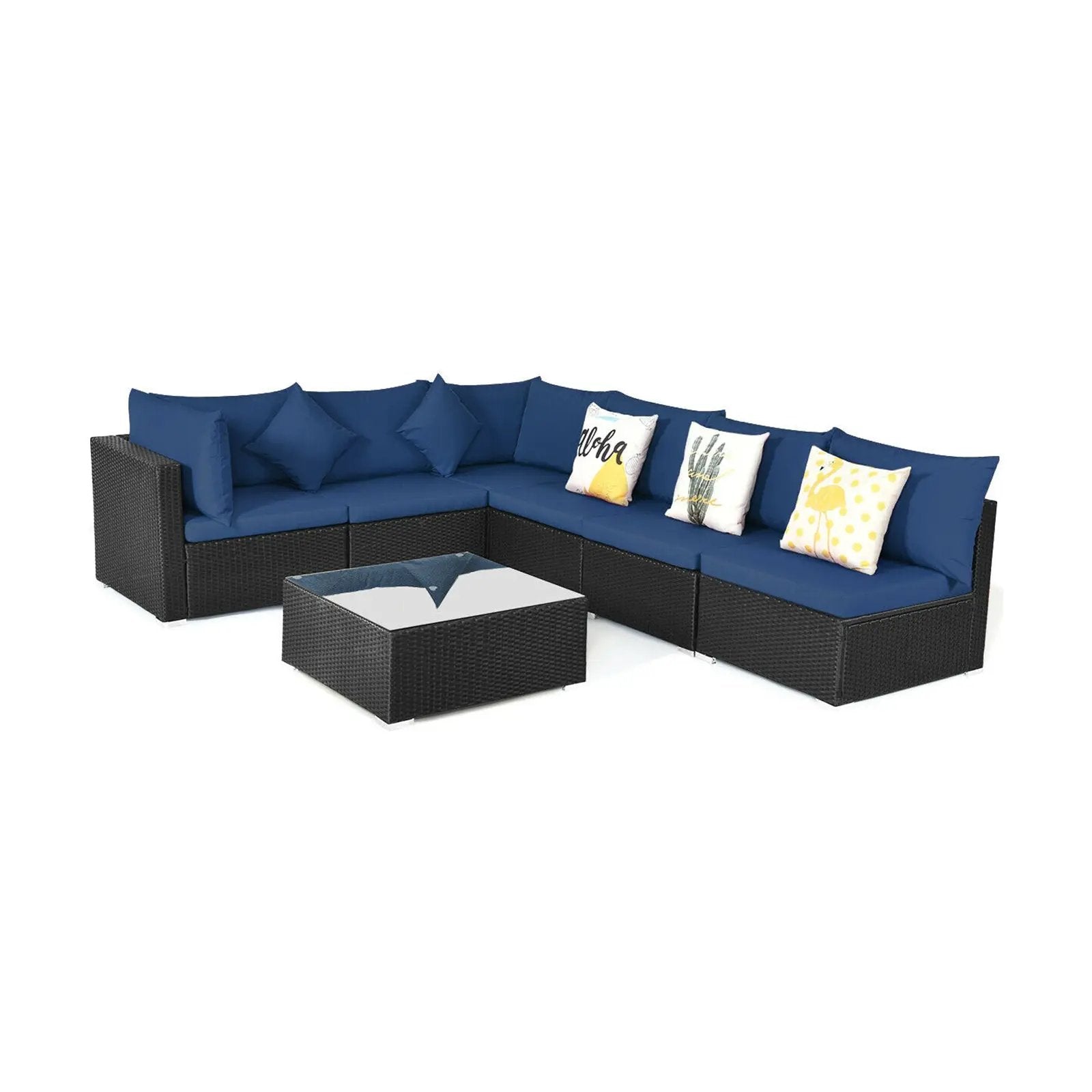 7 Pieces Sectional Wicker Furniture Sofa Set with Tempered Glass Top-Red by DirectDeals