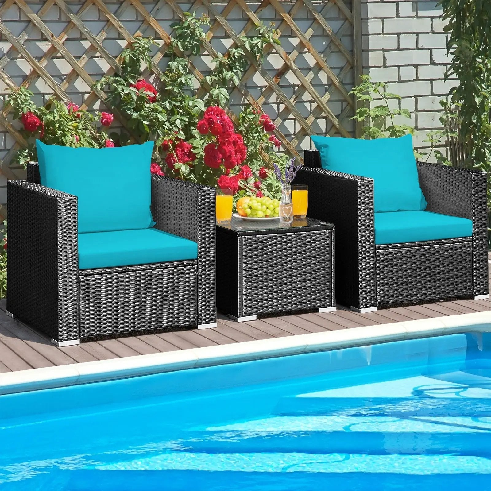 3 Pieces Patio Wicker Conversation Set with Cushion by DirectDeals