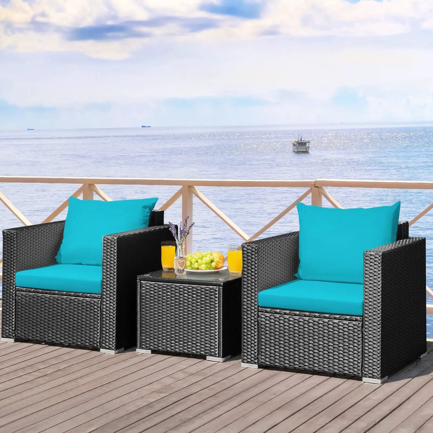 3 Pieces Patio Wicker Conversation Set with Cushion by DirectDeals