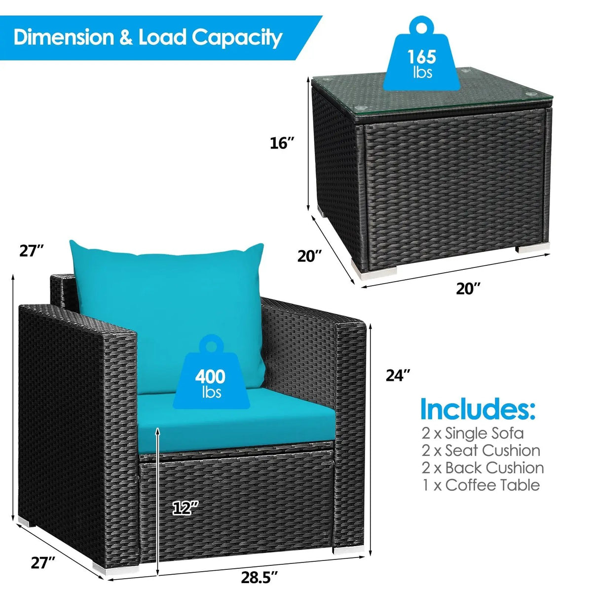 3 Pieces Patio Wicker Conversation Set with Cushion by DirectDeals