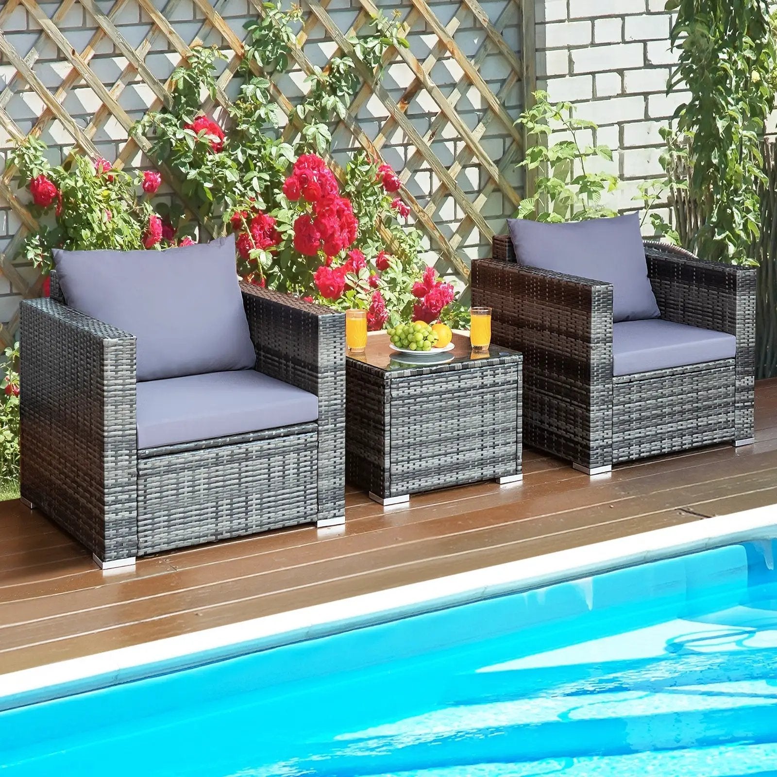 3 Pcs Patio Rattan Furniture Bistro Sofa Set with Cushioned-Navy by DirectDeals