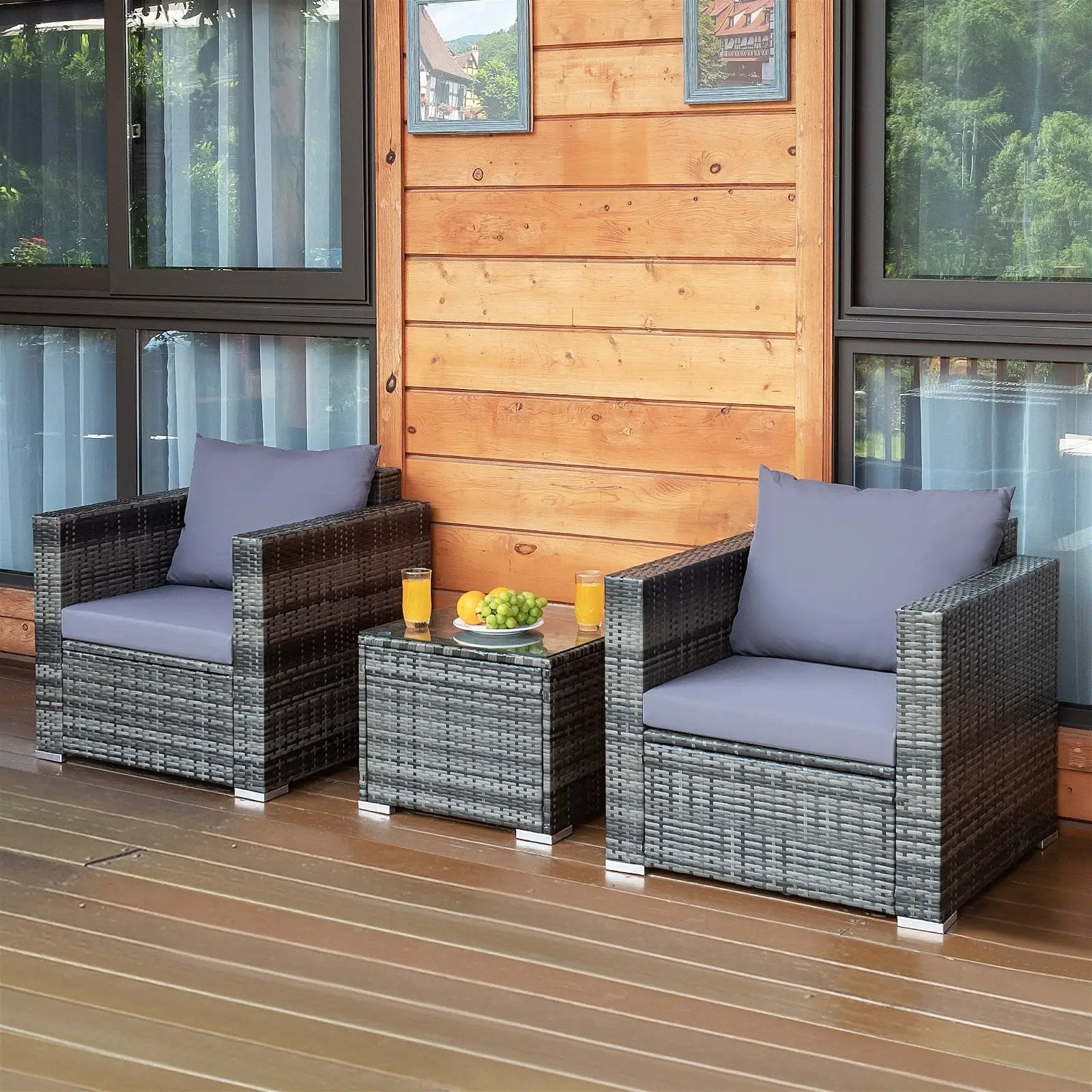 3 Pcs Patio Rattan Furniture Bistro Sofa Set with Cushioned-Navy by DirectDeals