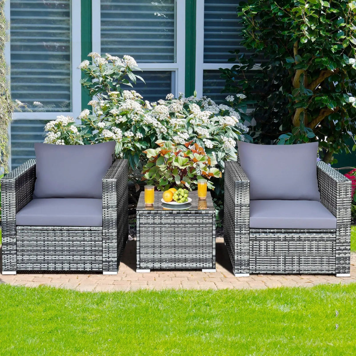 3 Pcs Patio Rattan Furniture Bistro Sofa Set with Cushioned-Navy by DirectDeals