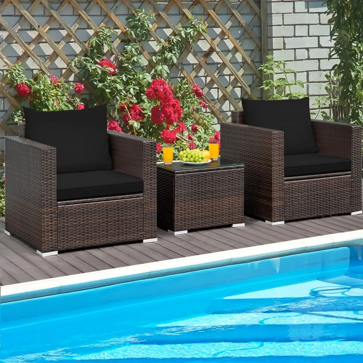 3 Pcs Patio Conversation Rattan Furniture Set with Cushion by DirectDeals