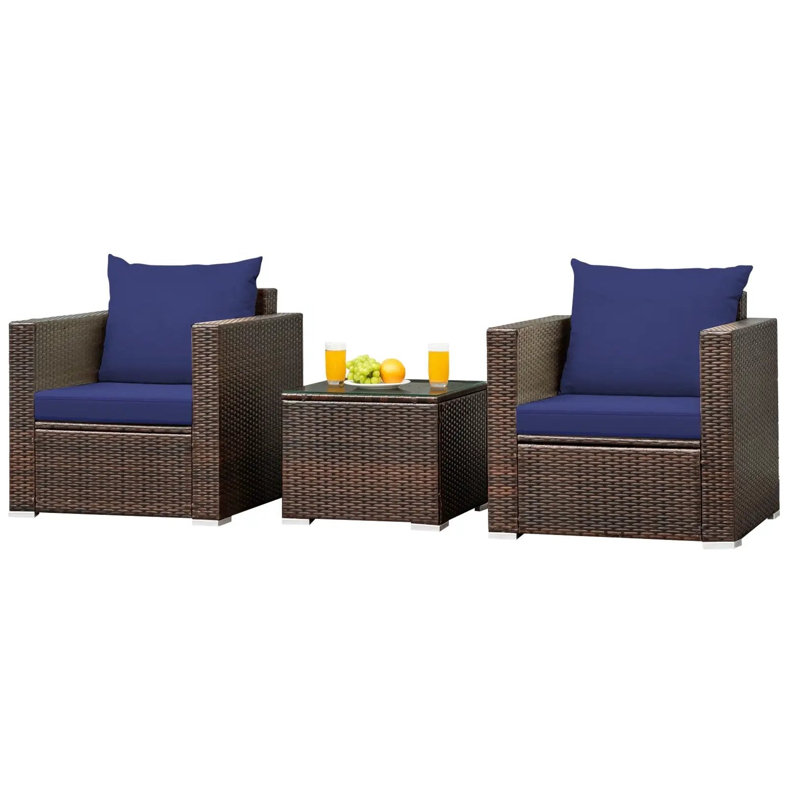 3 Pcs Patio Conversation Rattan Furniture Set with Cushion by DirectDeals