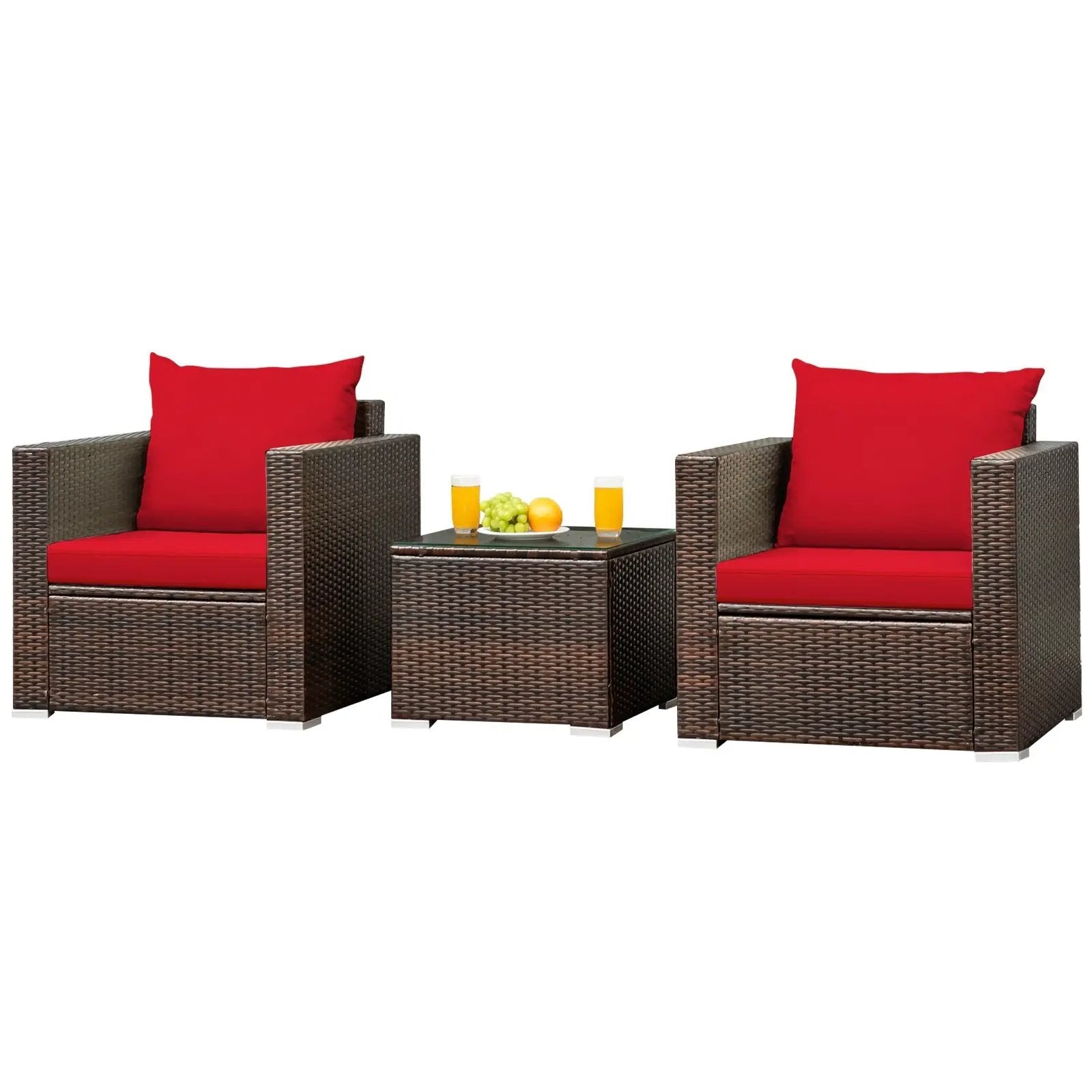 3 Pcs Patio Conversation Rattan Furniture Set with Cushion by DirectDeals