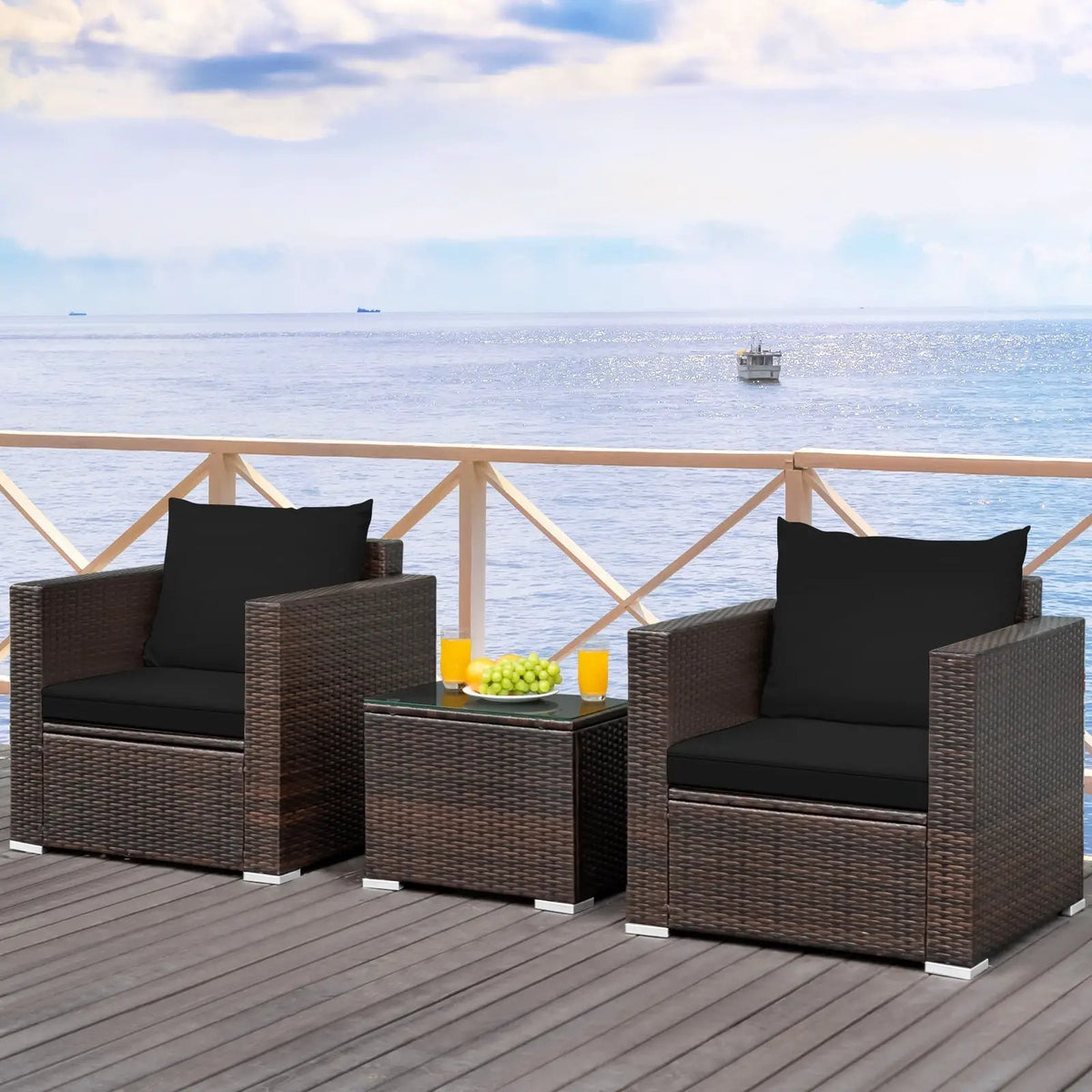 3 Pcs Patio Conversation Rattan Furniture Set with Cushion by DirectDeals