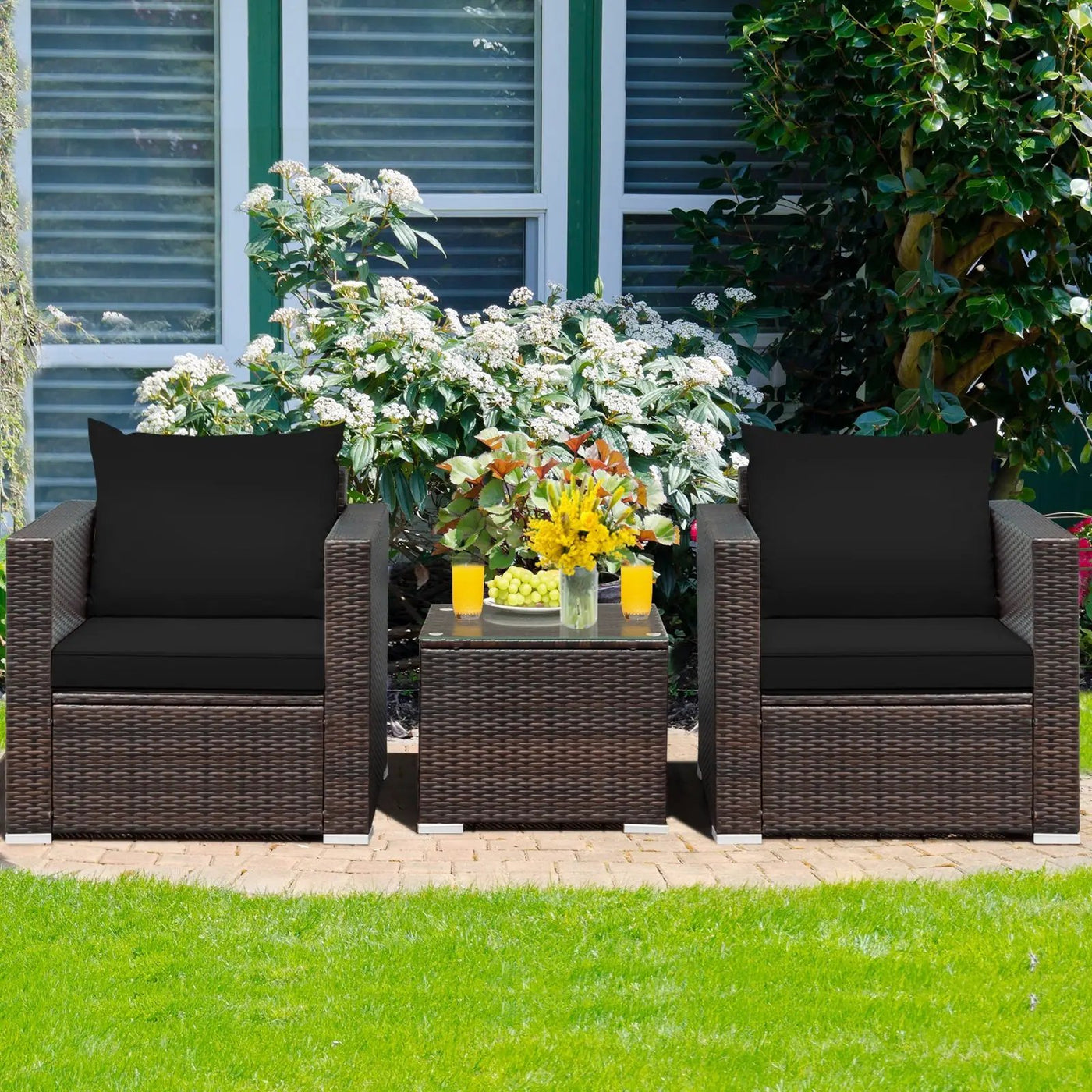 3 Pcs Patio Conversation Rattan Furniture Set with Cushion by DirectDeals