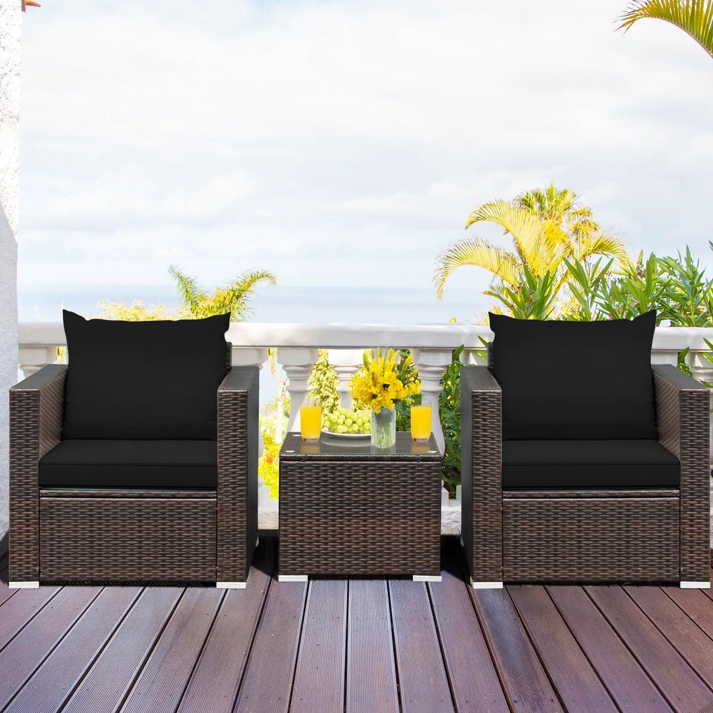 3 Pcs Patio Conversation Rattan Furniture Set with Cushion by DirectDeals