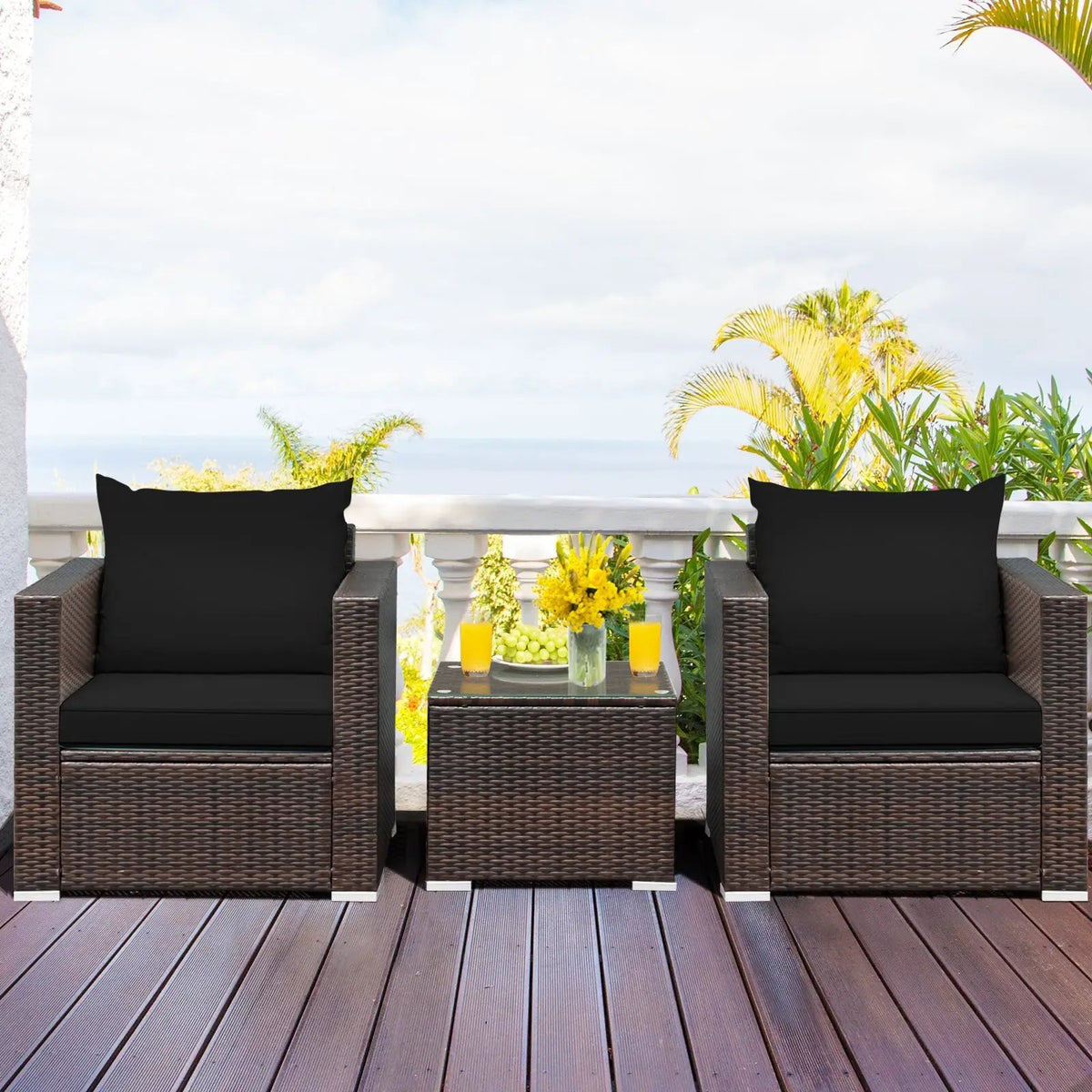 3 Pcs Patio Conversation Rattan Furniture Set with Cushion by DirectDeals