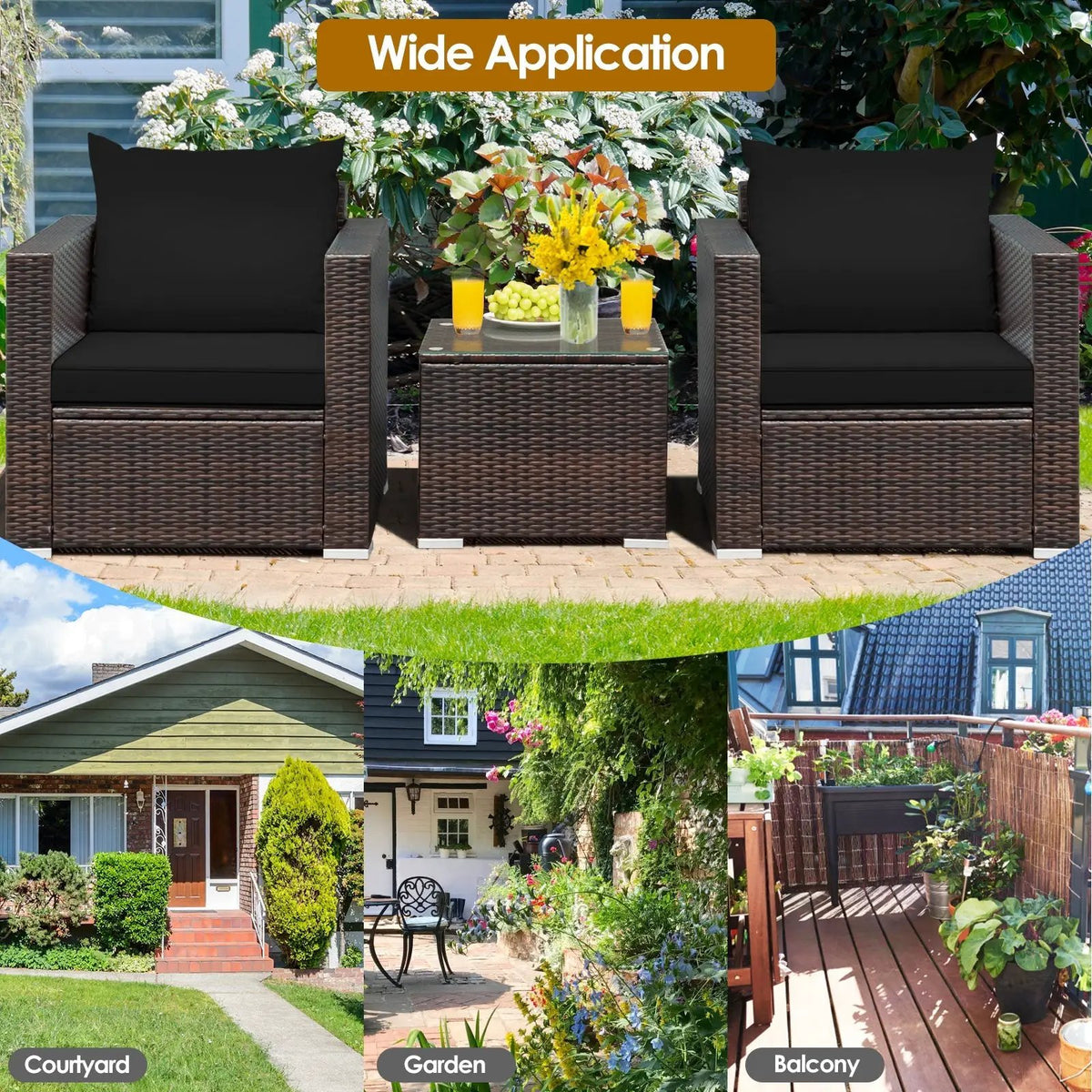 3 Pcs Patio Conversation Rattan Furniture Set with Cushion by DirectDeals