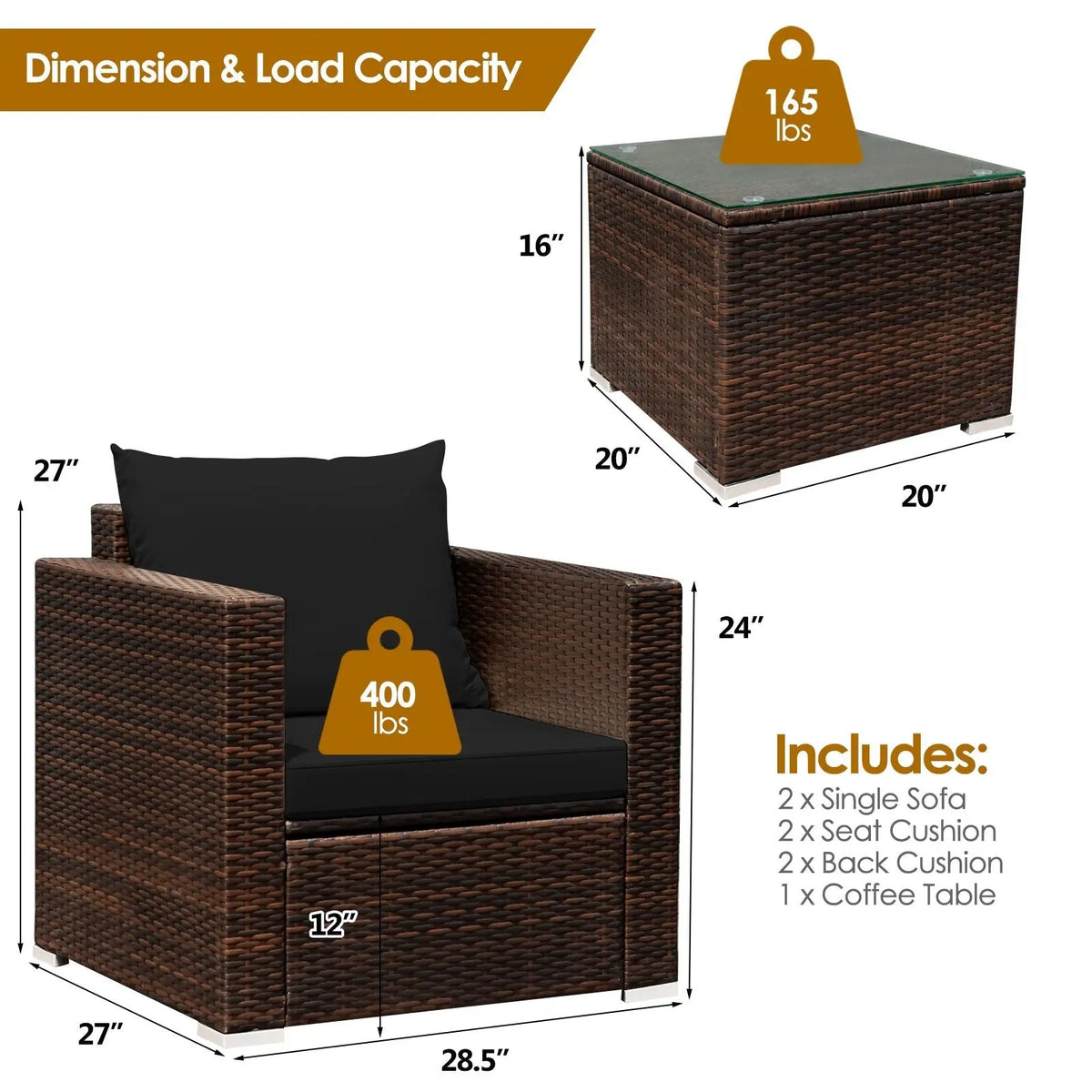 3 Pcs Patio Conversation Rattan Furniture Set with Cushion by DirectDeals
