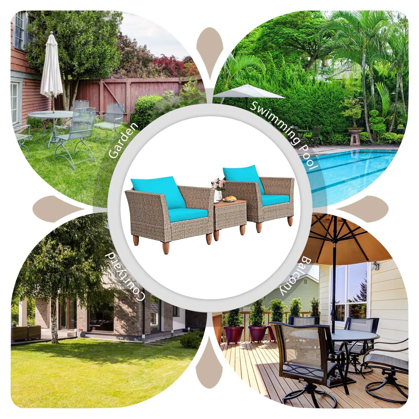 3 Pieces Patio Rattan Furniture Set with Washable Cushion for Yard Porch by DirectDeals