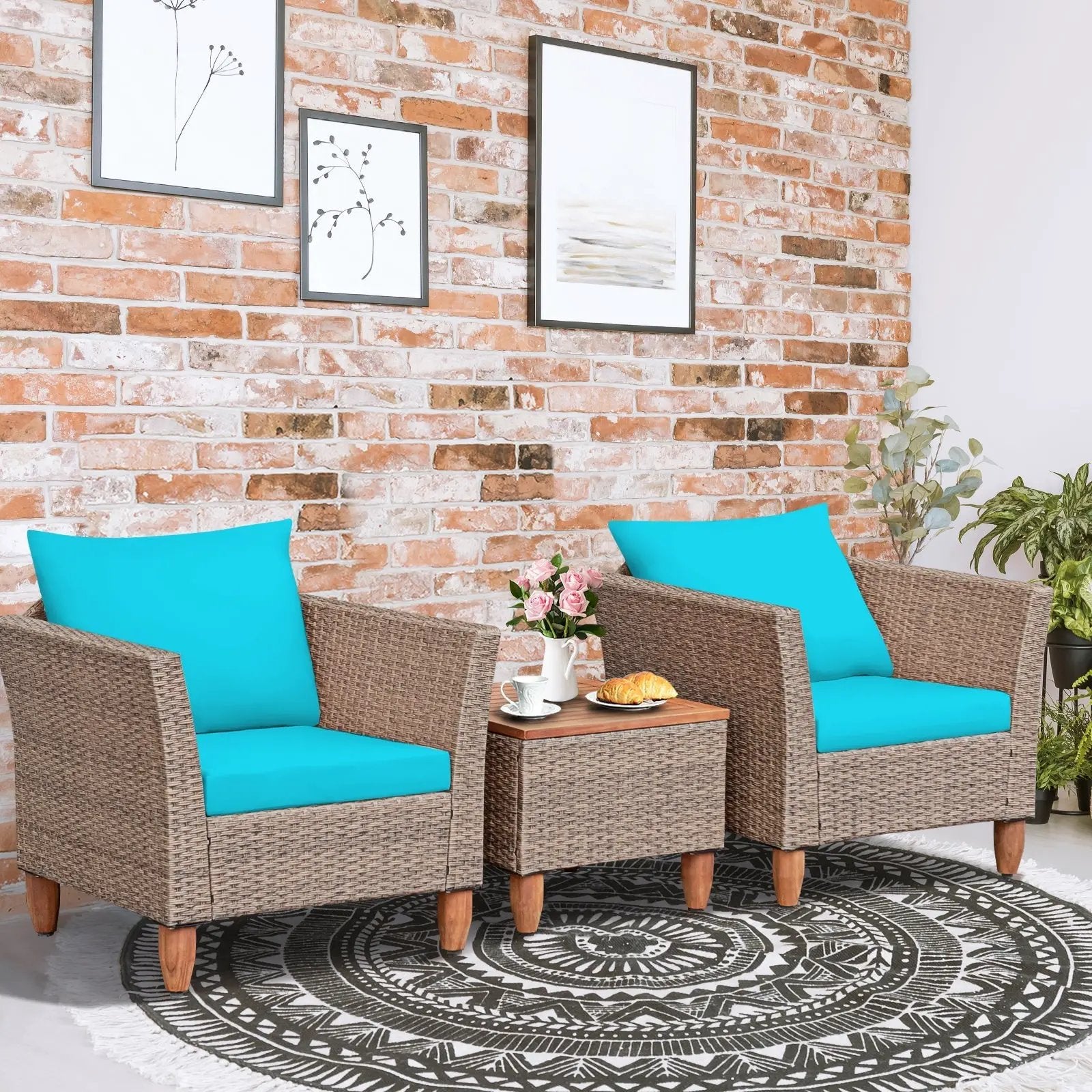 3 Pieces Patio Rattan Furniture Set with Washable Cushion for Yard Porch by DirectDeals
