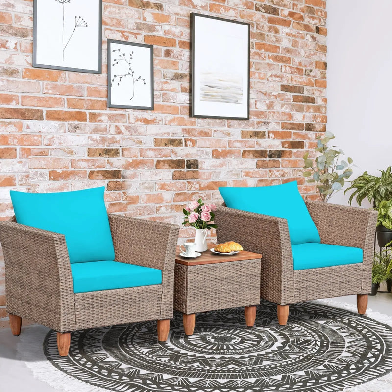 3 Pieces Patio Rattan Furniture Set with Washable Cushion for Yard Porch by DirectDeals