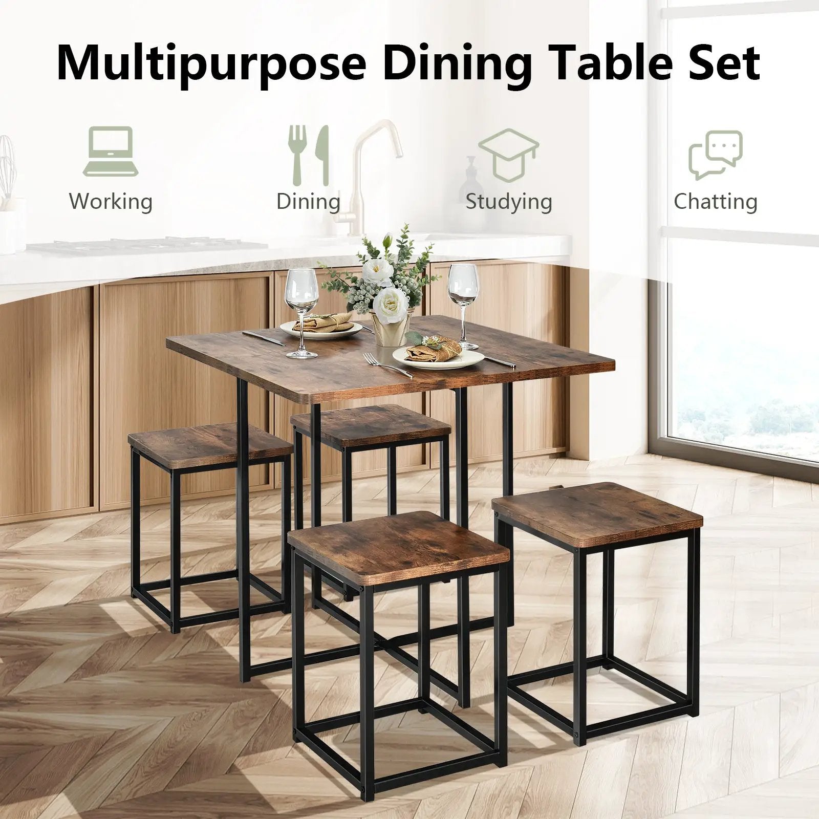 5 Pieces Metal Frame Dining Set with Compact Dining Table and 4 Stools by DirectDeals