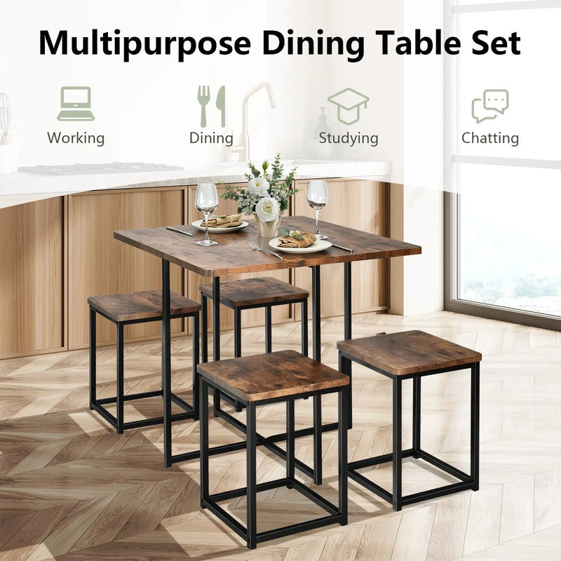 5 Pieces Metal Frame Dining Set with Compact Dining Table and 4 Stools by DirectDeals