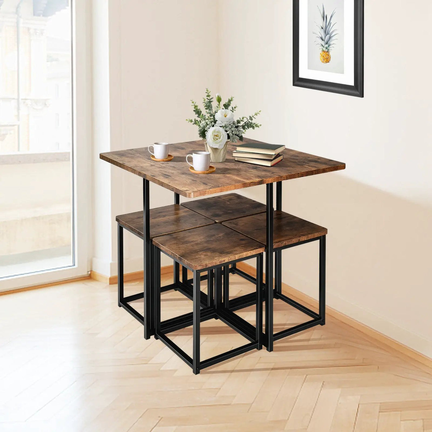 5 Pieces Metal Frame Dining Set with Compact Dining Table and 4 Stools by DirectDeals