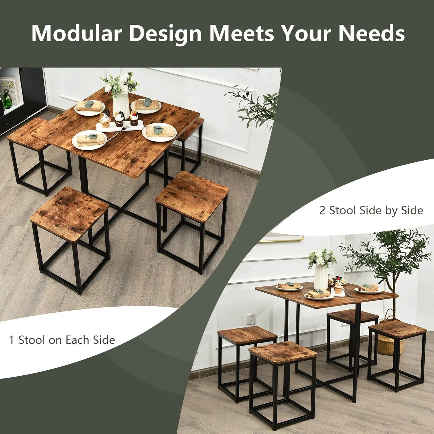 5 Pieces Metal Frame Dining Set with Compact Dining Table and 4 Stools by DirectDeals