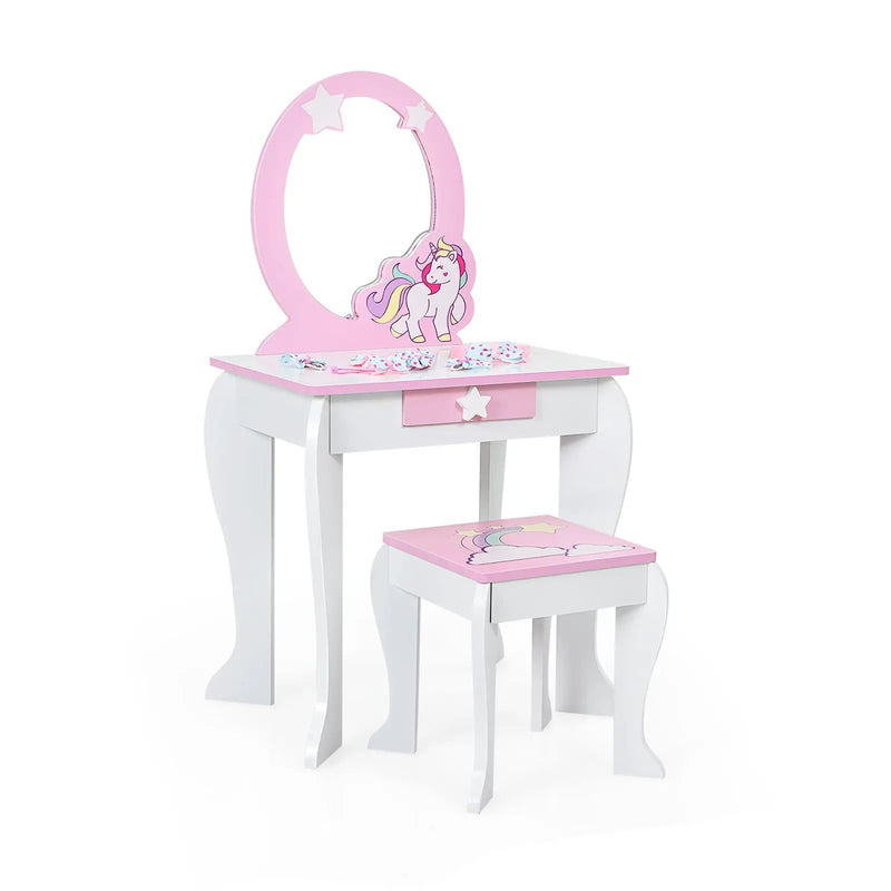 Kids Wooden Makeup Dressing Table and Chair Set with Mirror and Drawer by DirectDeals