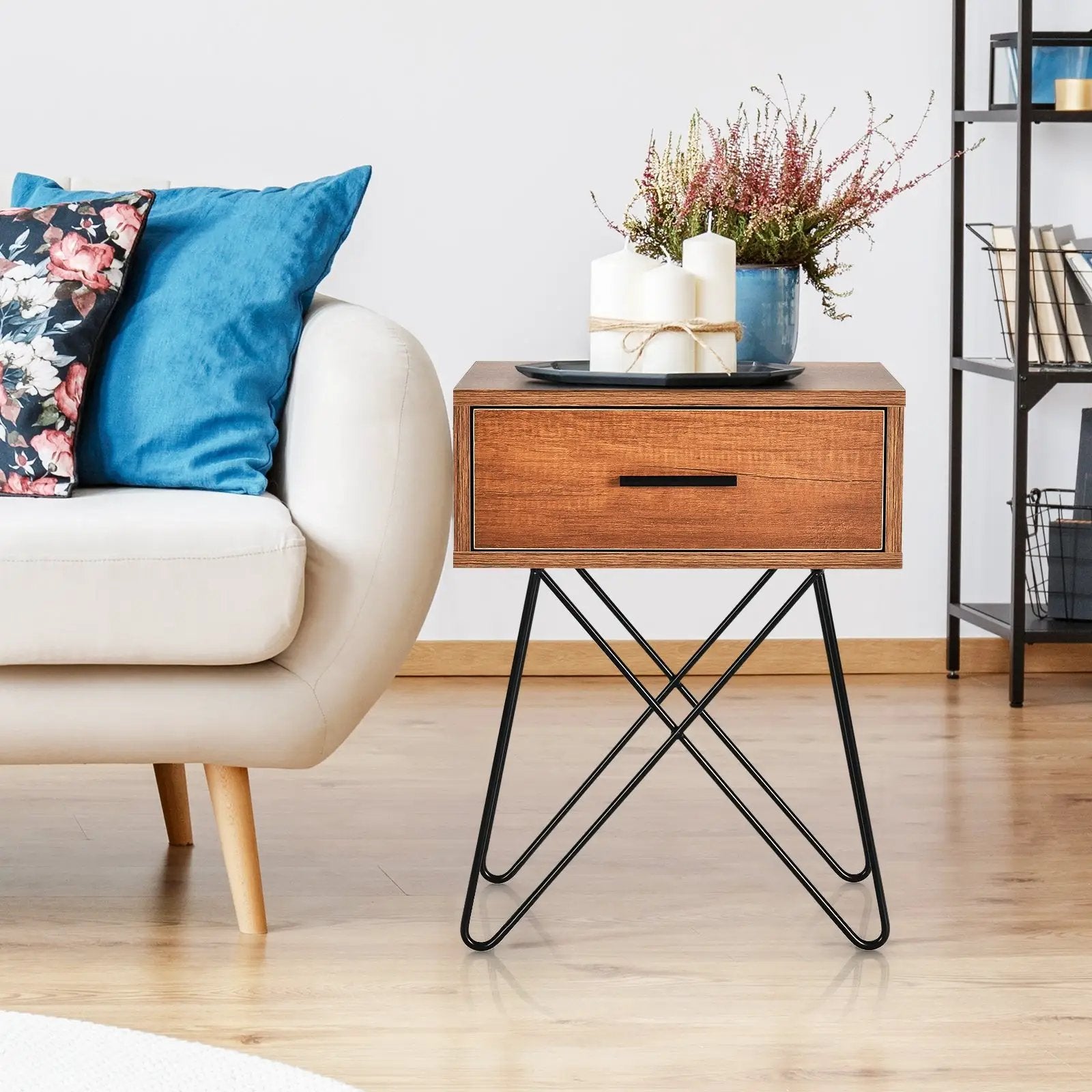 Nightstand Coffee Table Storage Display with Steel Legs and 1 Drawer by DirectDeals
