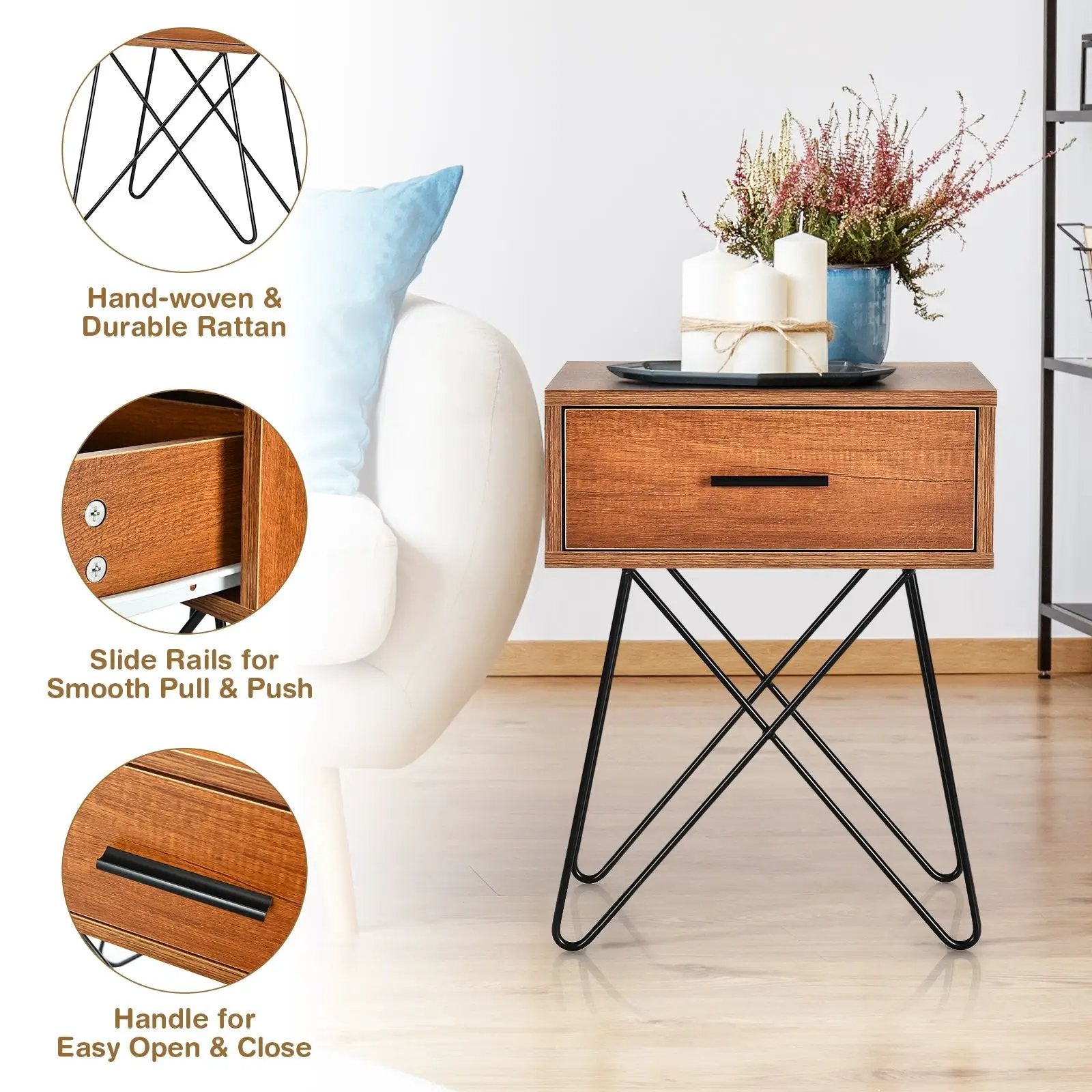 Nightstand Coffee Table Storage Display with Steel Legs and 1 Drawer by DirectDeals