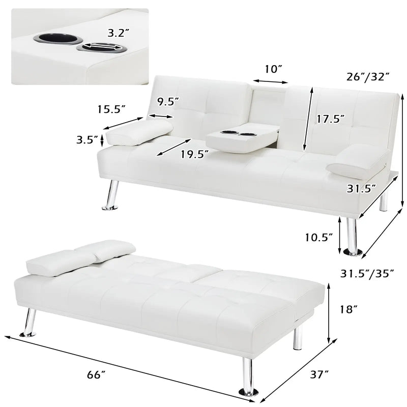 Convertible Folding Leather Futon Sofa with Cup Holders and Armrests by DirectDeals
