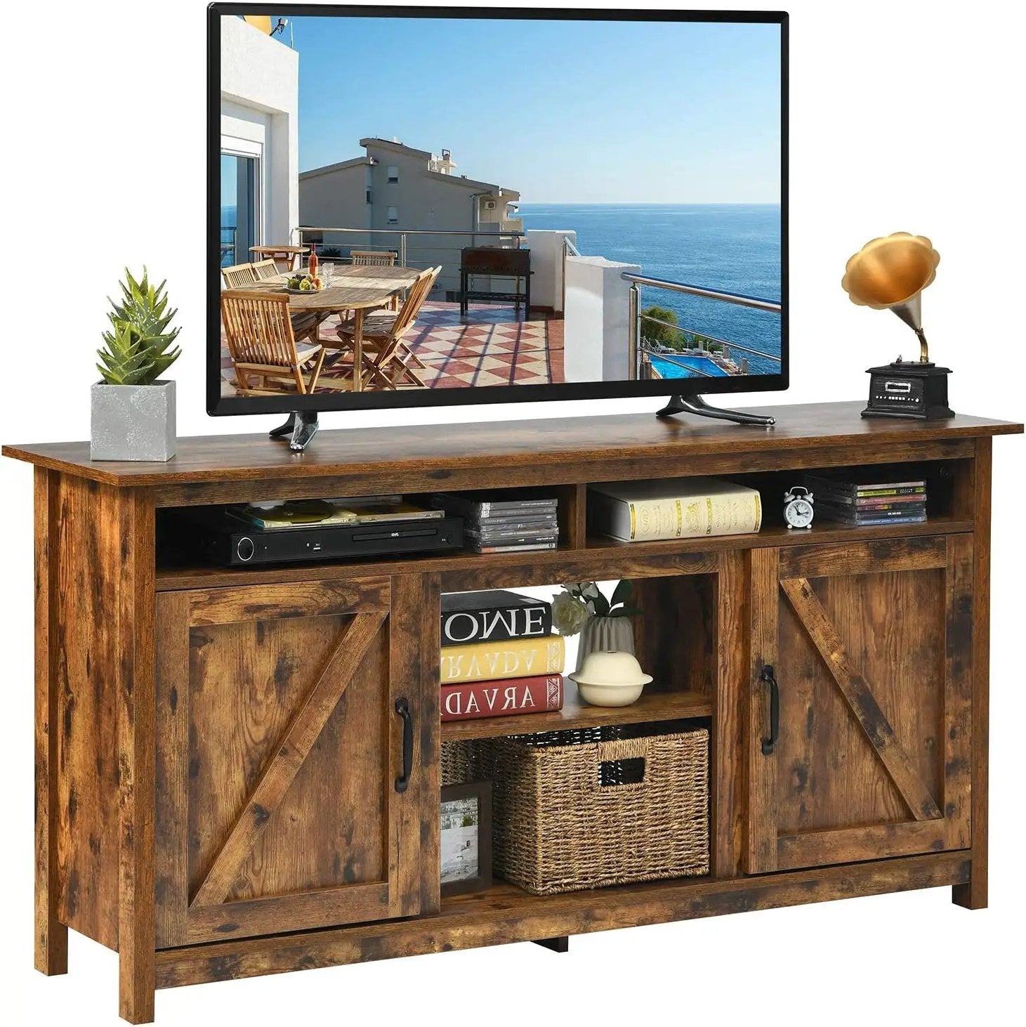 60”Industrial TV Stand Entertainment Center with Shelve and Cabinet-Brown by DirectDeals