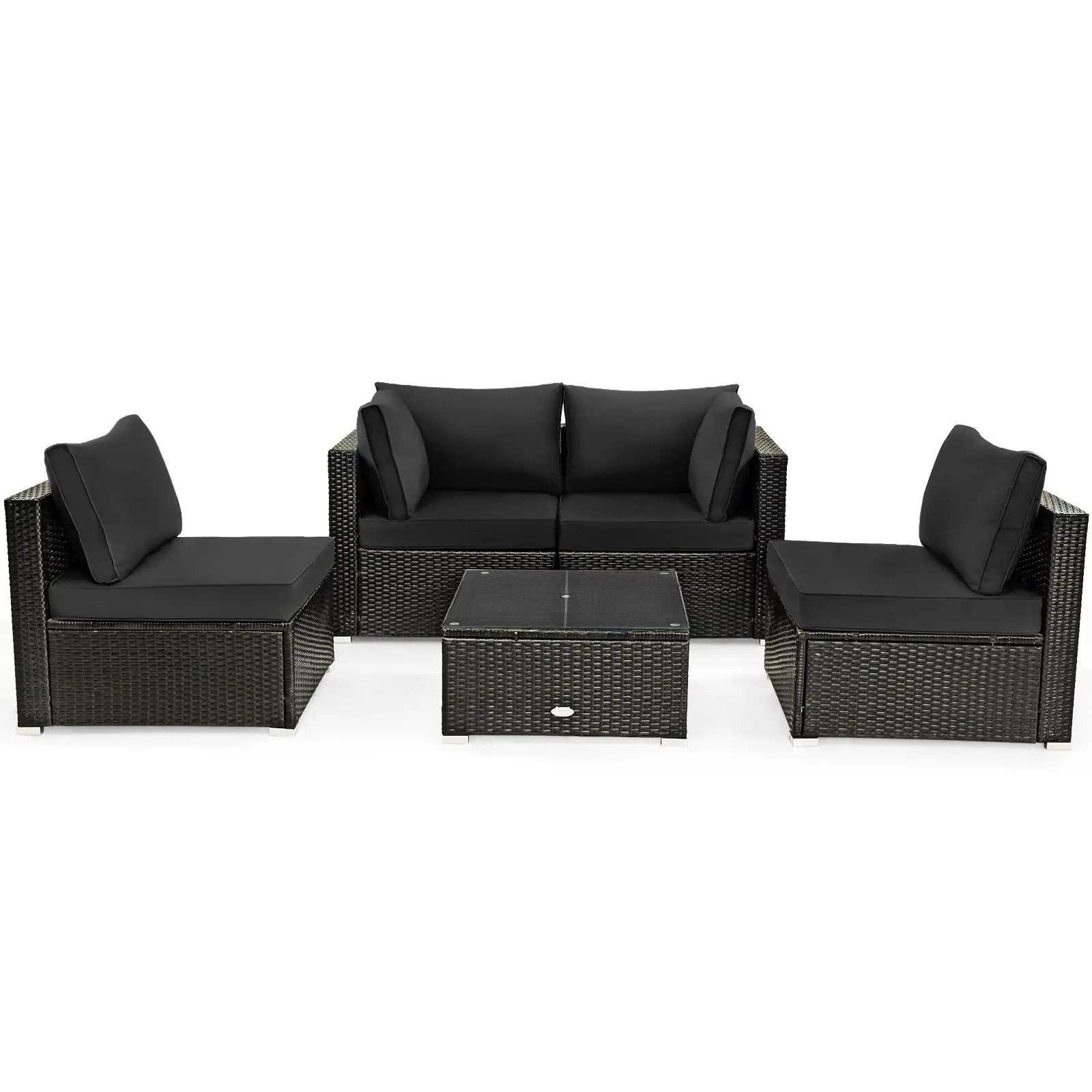 5 Pieces Cushioned Patio Rattan Furniture Set with Glass Table by DirectDeals
