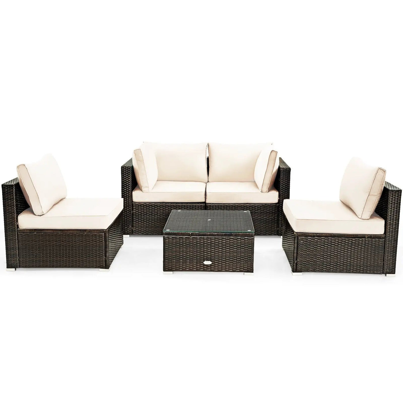 5 Pieces Cushioned Patio Rattan Furniture Set with Glass Table by DirectDeals