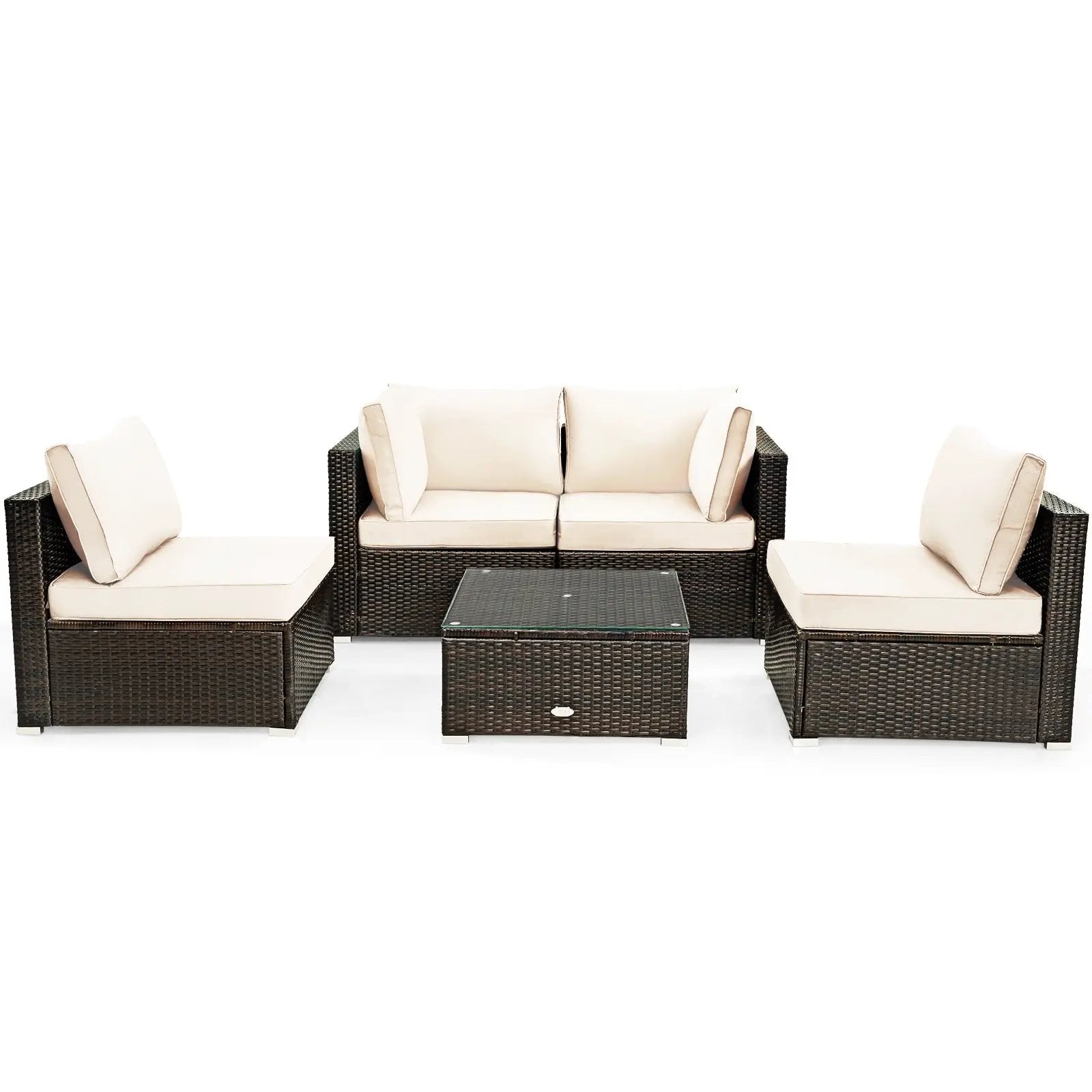 5 Pieces Cushioned Patio Rattan Furniture Set with Glass Table by DirectDeals