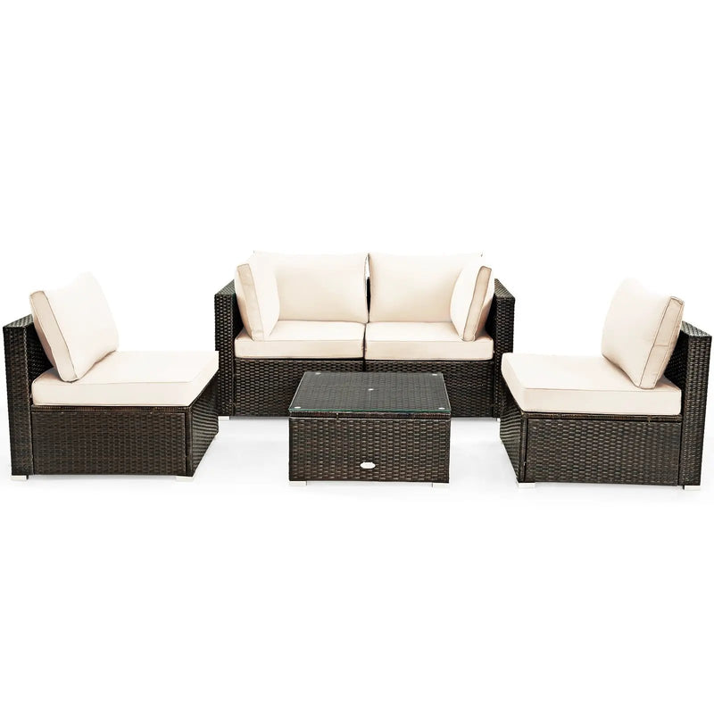 5 Pieces Cushioned Patio Rattan Furniture Set with Glass Table by DirectDeals