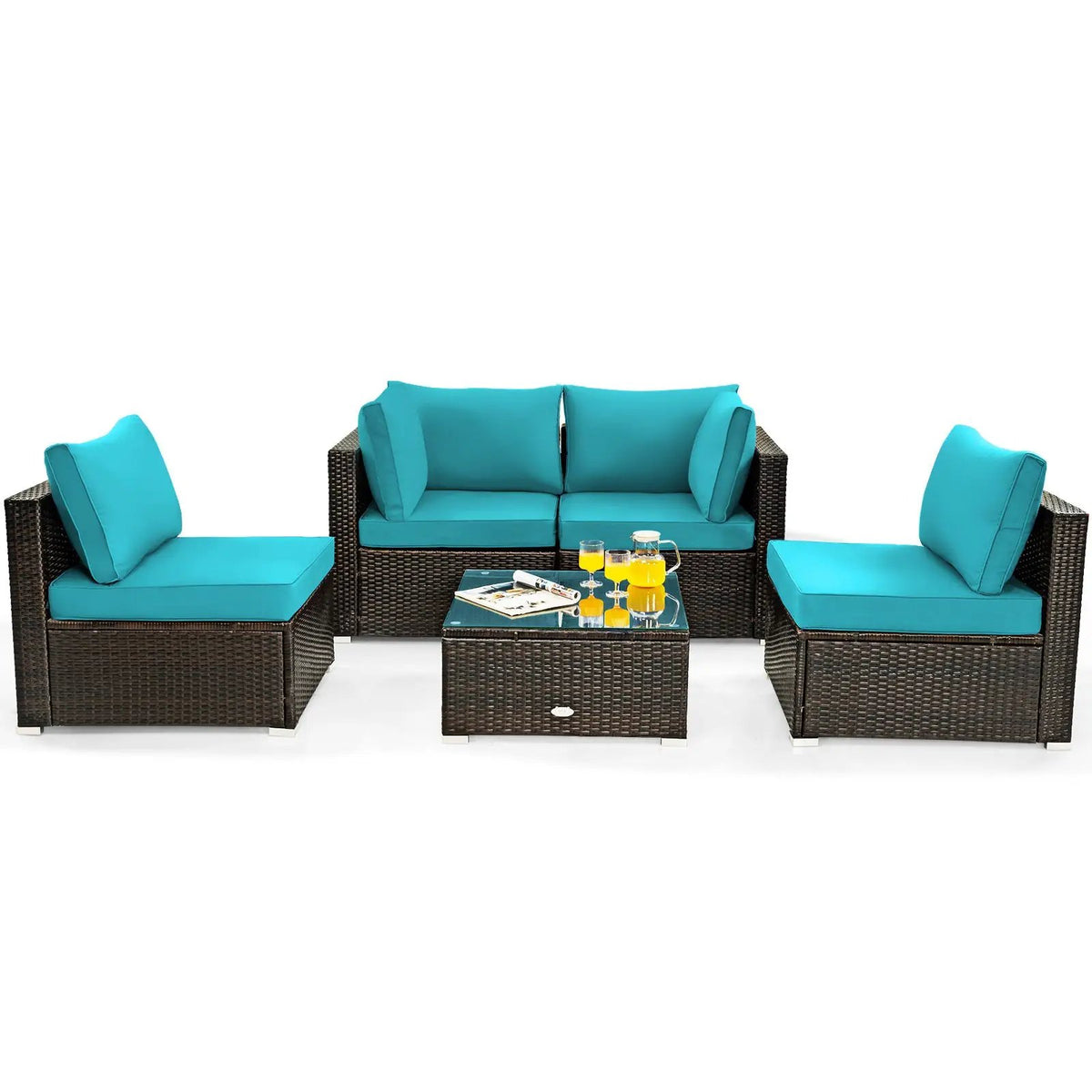 5 Pieces Cushioned Patio Rattan Furniture Set with Glass Table by DirectDeals