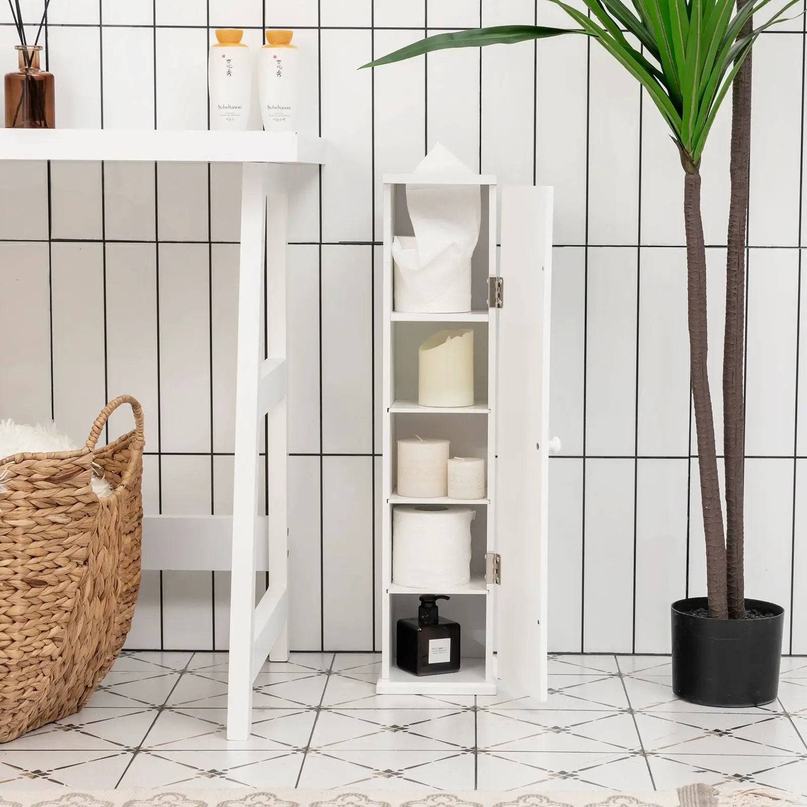 Free Standing Toilet Paper Holder with 4 Shelves and Top Slot for Bathroom-White by DirectDeals