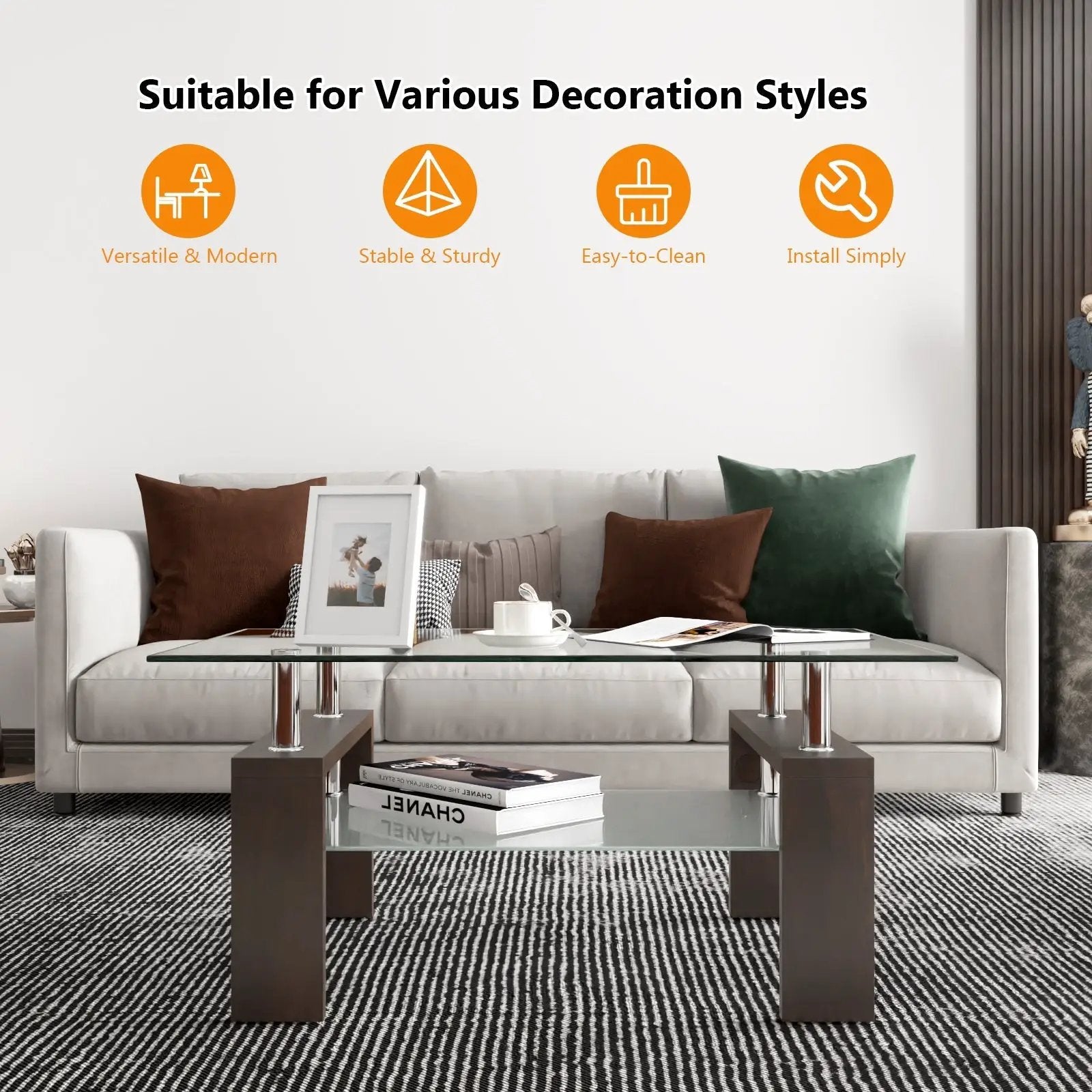 Rectangular Tempered Glass Coffee Table with Shelf by DirectDeals