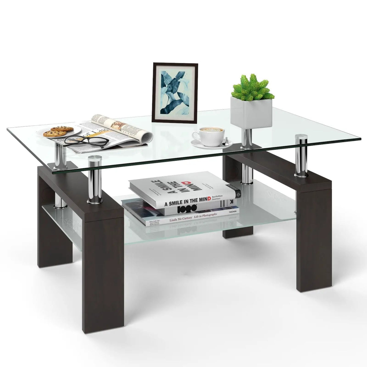 Rectangular Tempered Glass Coffee Table with Shelf by DirectDeals