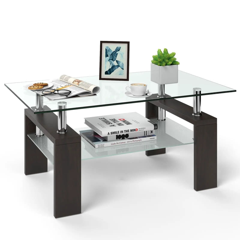 Rectangular Tempered Glass Coffee Table with Shelf by DirectDeals