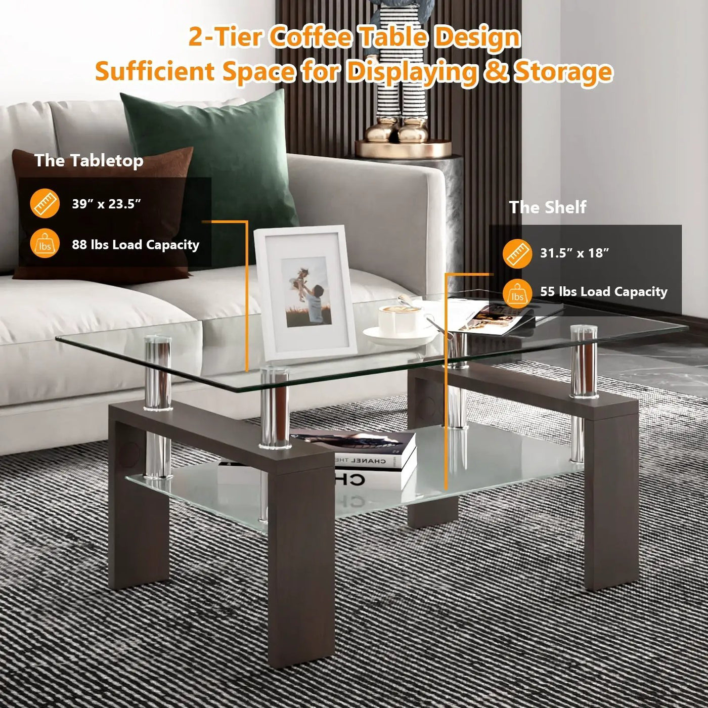 Rectangular Tempered Glass Coffee Table with Shelf by DirectDeals