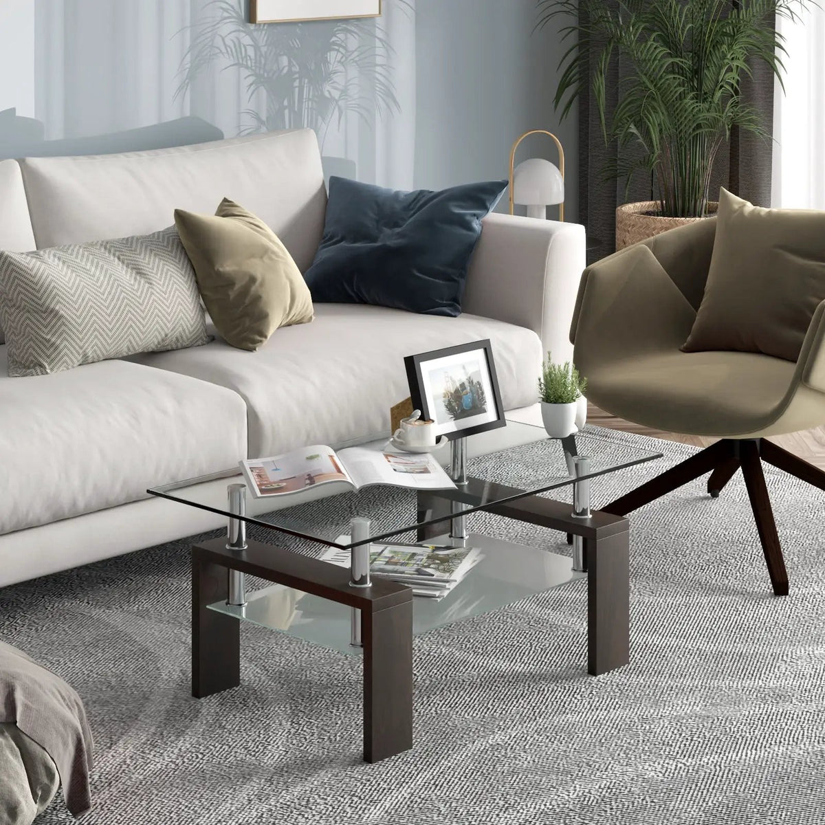Rectangular Tempered Glass Coffee Table with Shelf by DirectDeals