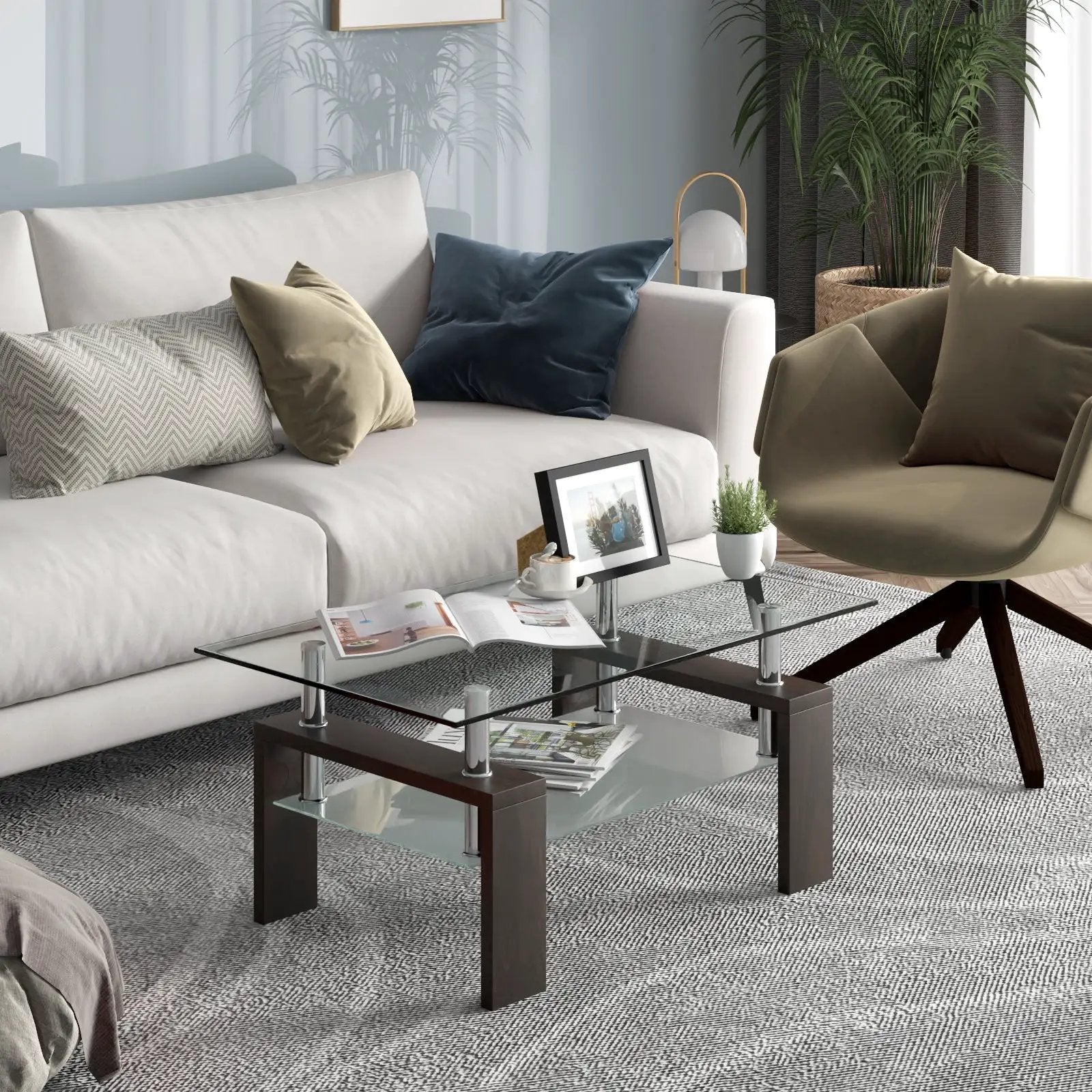 Rectangular Tempered Glass Coffee Table with Shelf by DirectDeals