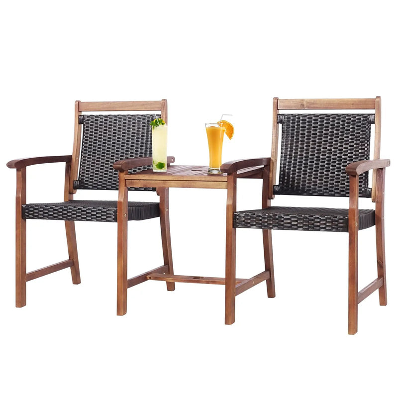 2-Seat Patio Rattan Acacia Wood Chair with Coffee Table by DirectDeals