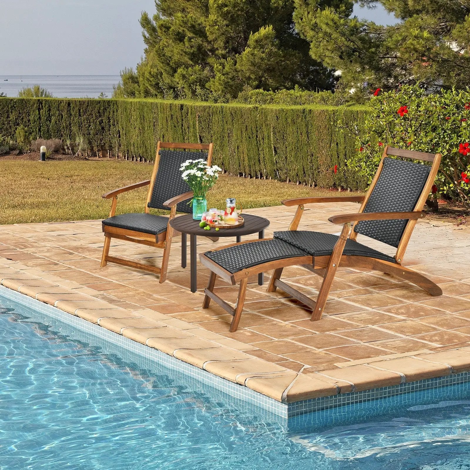 Patio Rattan Folding Lounge Chair with Acacia Wooden Frame Retractable Footrest by DirectDeals