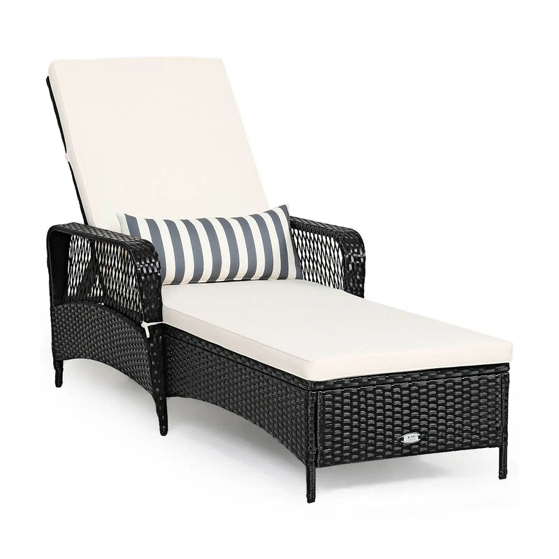 Patio Wicker Chaise Lounge Chair with Pillow and Adjustable Backrest with Cushion-Black by DirectDeals