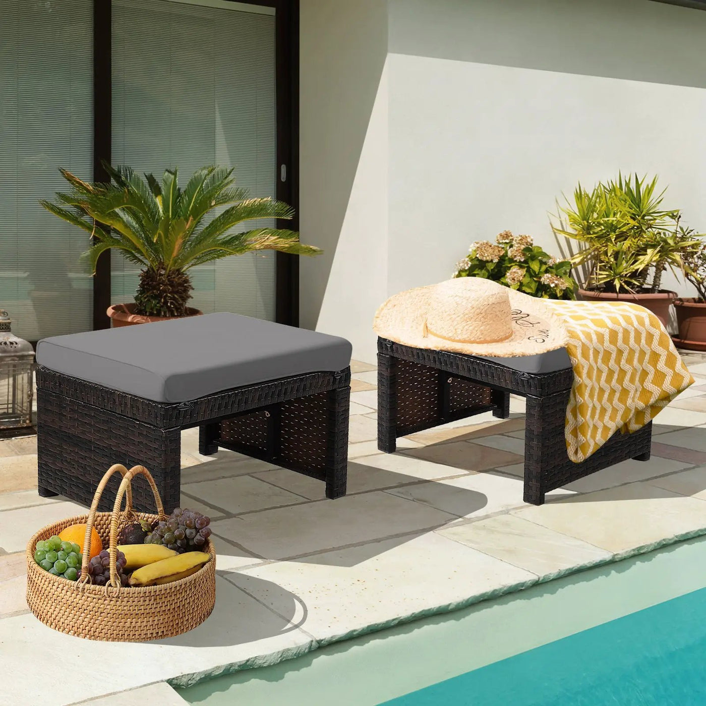 2 Pieces Patio Rattan Ottomans with Soft Cushion for Patio and Garden by DirectDeals